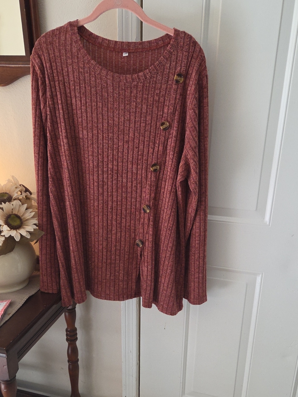 Ribbed Button-Accent Long Sleeve Top - Rust - Fantaslook